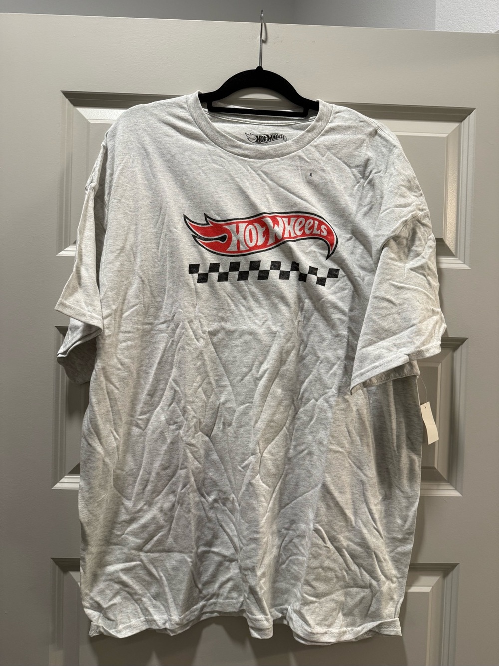 Mattel Hot Wheels White Tee with Red Logo and Black Checkered Stripe